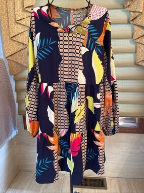 Boho Multicolor Tropical V-neck Long Sleeve Tiered Smocked A-line Dress Size XL